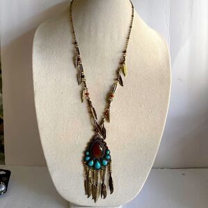 Gold color faux turquoise orange stone feathers extender earrings brand new